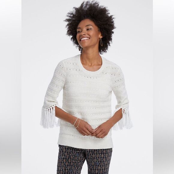 NIC+ZOE Sweaters - Nic + Zoe ivory fringe cuff boho knit sweater sz M cotton blend